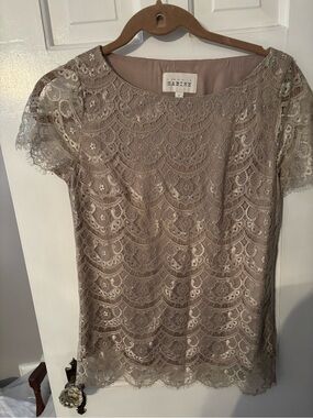 Sabine Taupe Lace Overlay Short Sleeve Blouse
